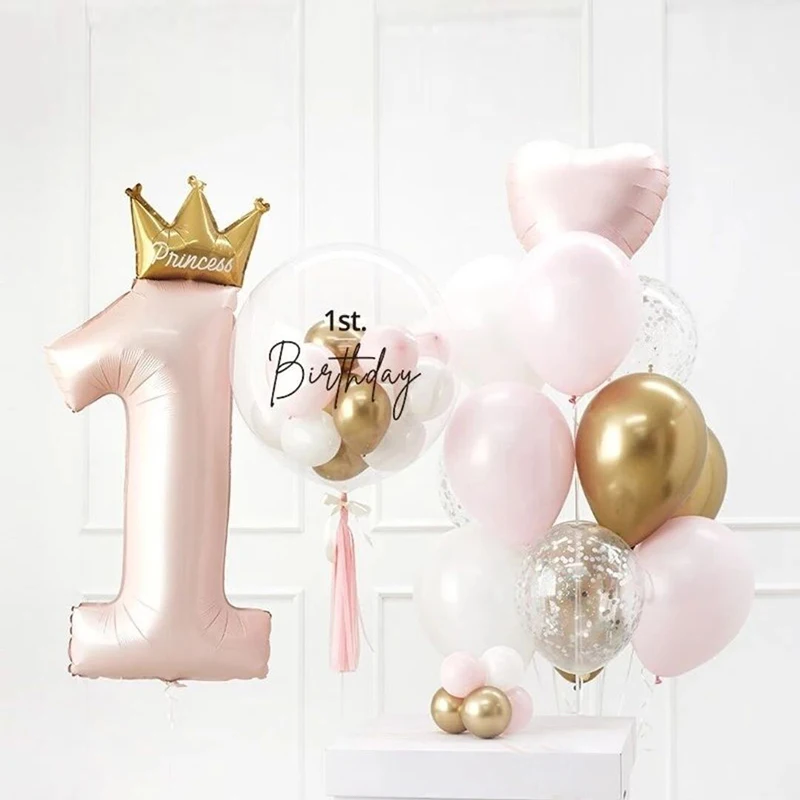 

40inch Princess Crown Number Foil Balloons 1st Birthday Party Decorations Kids Girl Boy Baby First One Year Anniversary Supplies