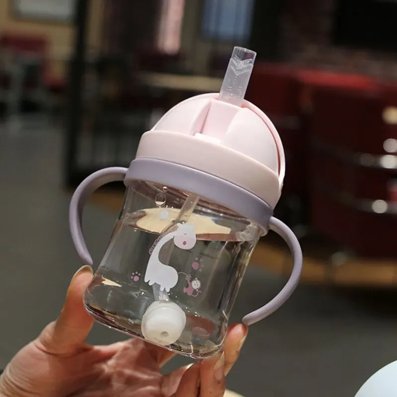  250ml Pink Baby Drinking Cup Feeding Bottle With Straw Gravity Ball Wide Caliber Drinking Milk Water Bottle With Handle 
