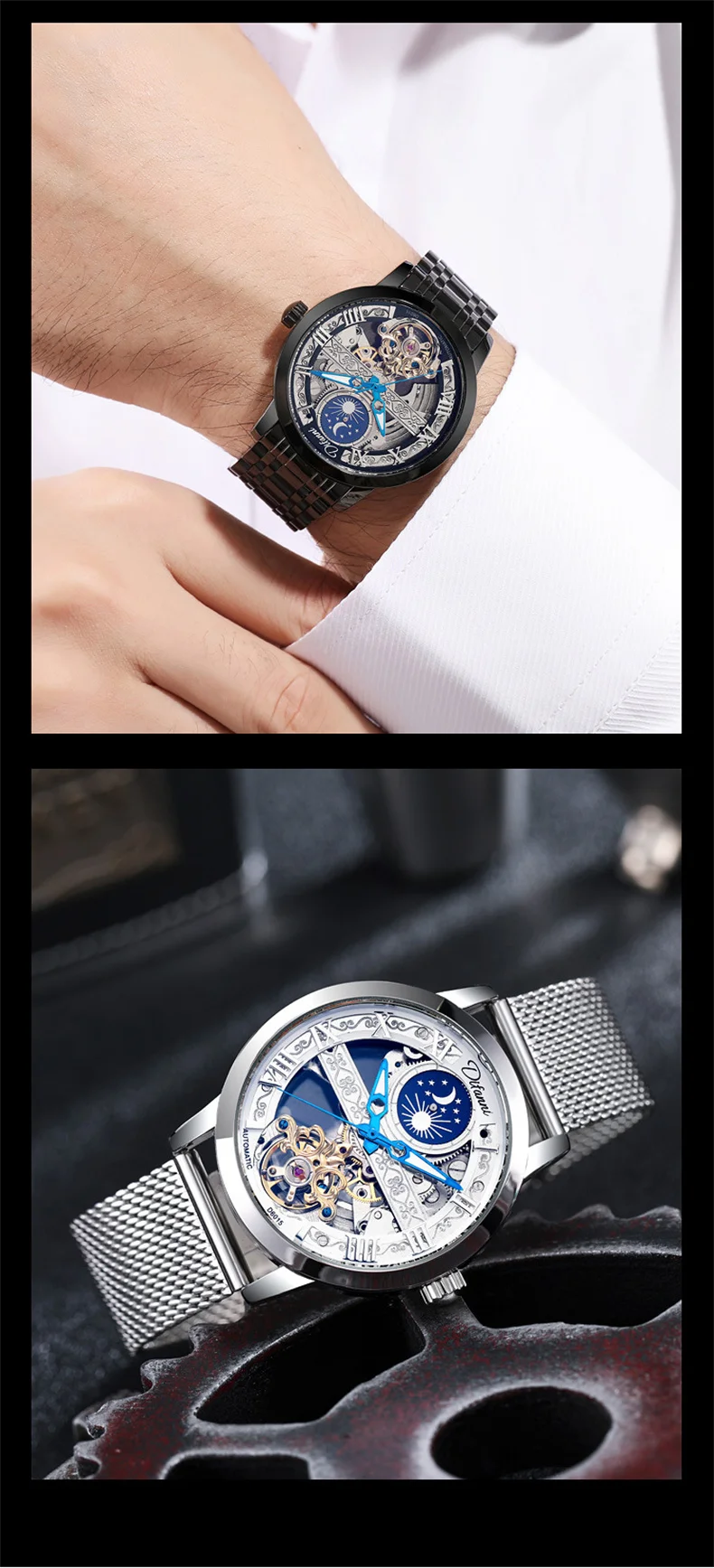 Tourbillon Moon Phase Wrist Luxury Hollow 3ATM Waterproof Stainless Steel Men Automatic Mechanical es es_voghion.com