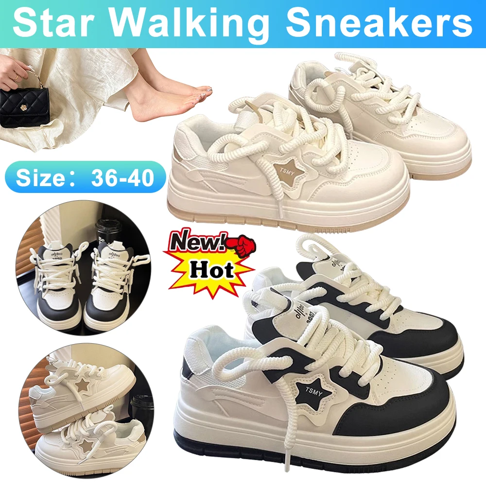 Star Walking Sneakers Y2K Platform Thick Sole Aesthetic Tennis Shoes Non-Slip Comfortable Skateboard Shoes for Outdoor Sports