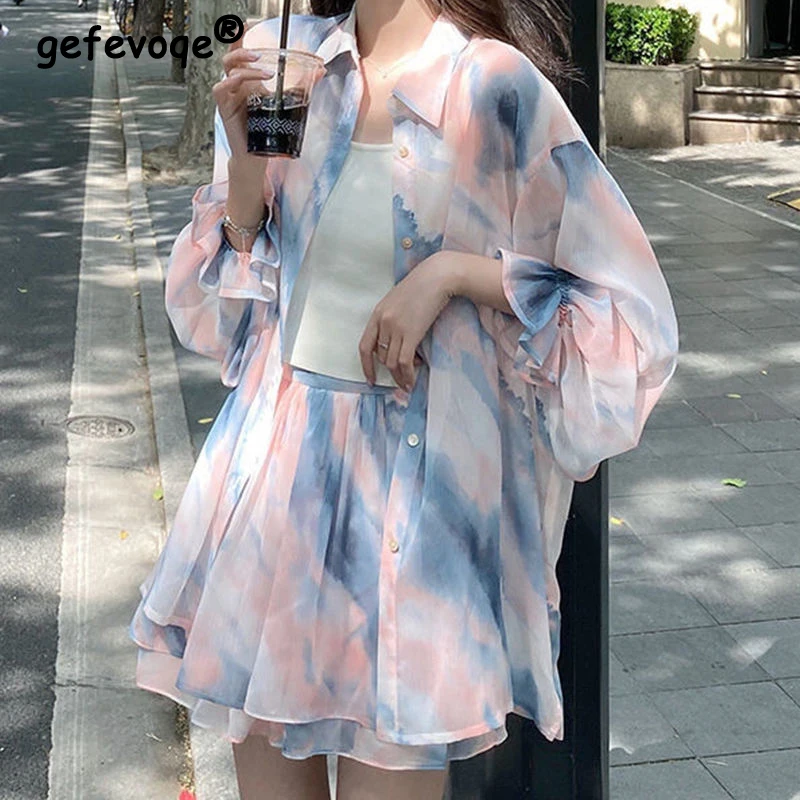 Women Tie Dye Print Oversize Shirts Summer Trendy Streetwear Harajuku Blouse Tunic Tops Female Outfits Sexy Beach Mini Skirt Set fall women solid oversize corduroy shirt vintage turn down collar full sleeve loose blouse elegant office wear casual basic tops