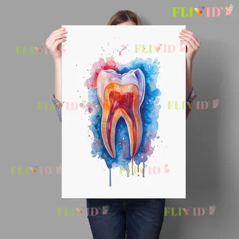 Dipinto su Tela di Anatomia Dentale ad Acquerello, Arte Floreale Dentale da Parete, Stampa Colorata di Odontoiatria, Decorazione per Cliniche e Studi Dentistici