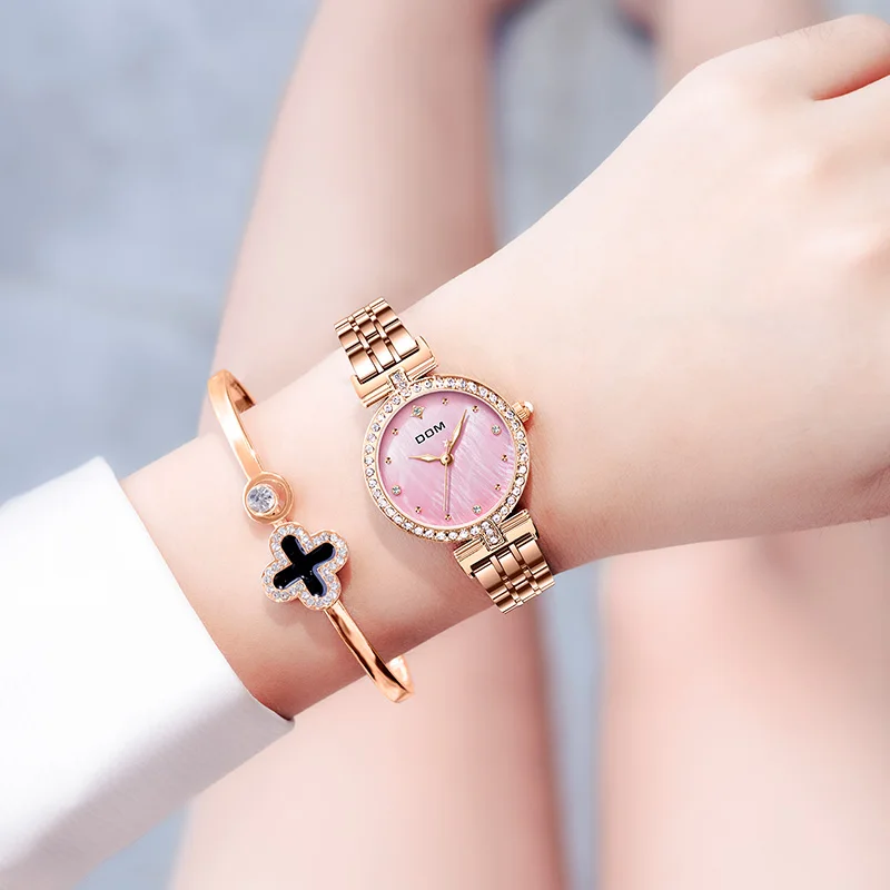 DOM Ladies Watch Fashion Square Ladies Quartz Watch Bracelet Set Pink Dial Simple Rose Gold Mesh Luxury Ladies Watch