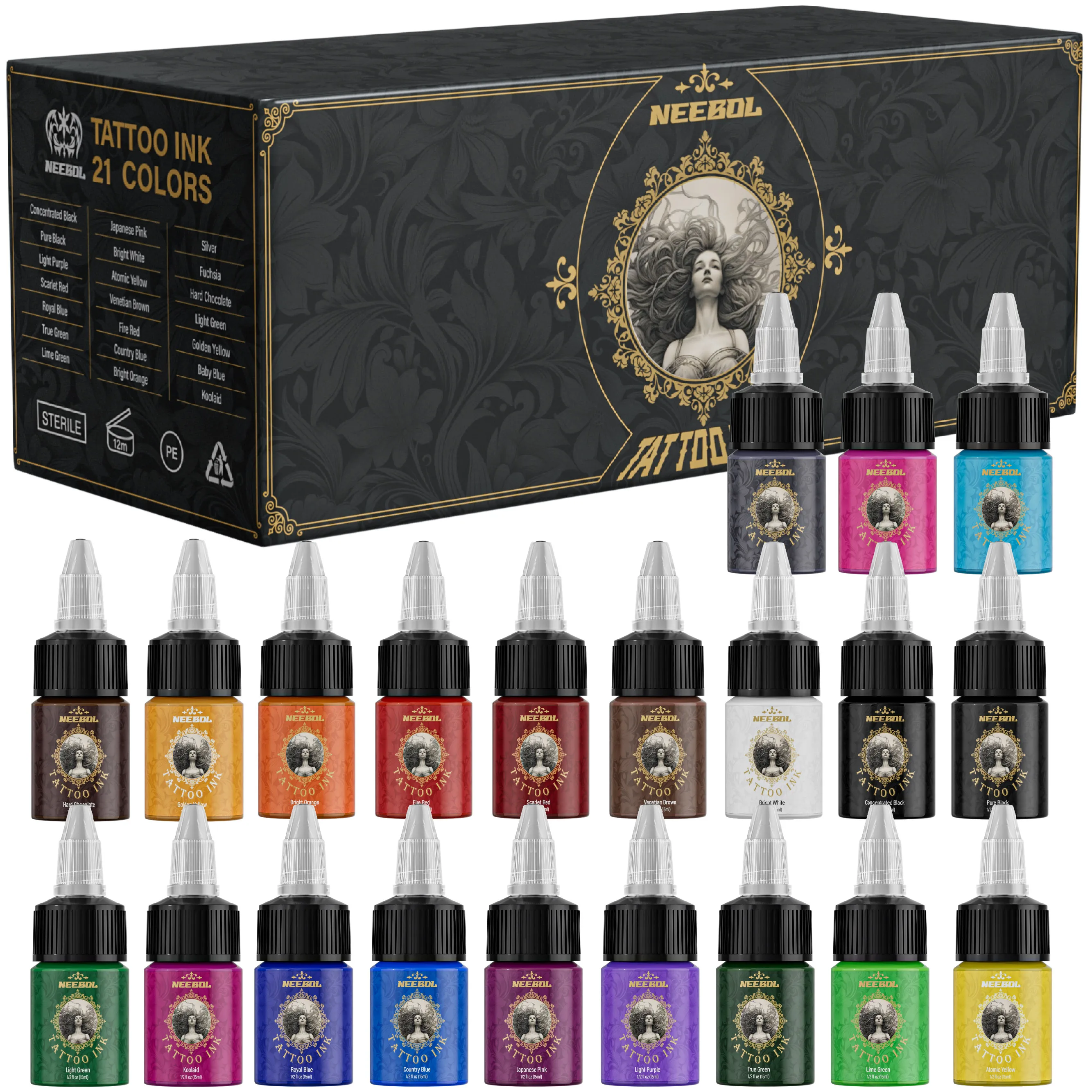 Tattoo Ink Set 14/21 Colors 1/2 oz (15 ml) Tattoo Ink & Supplies For Outlining Shading Long Lasting Painting Colorful