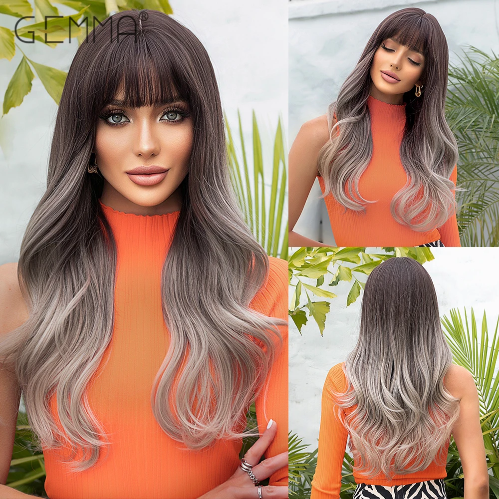 

GEMMA Ombre Dark Brown Blonde Long Wig with Bangs Synthetic Natural Wavy Cosplay Wigs for Women Daily Heat Resistant Fake Hair