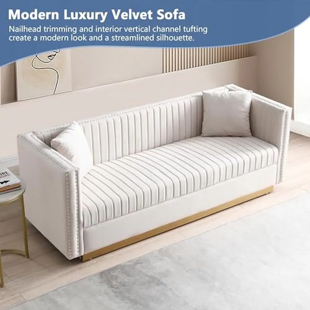 Description Picture 6 of itemVelvet Channel Tufted Sofa Set with Nailhead Trim and Gold Metal Legs Modern Living Room Furniture Apartments Sturdy Wood Frame