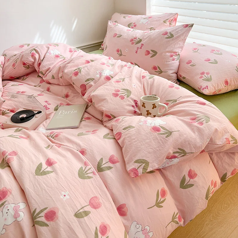 thumbnail image 1 of Juego de 4 fundas de edredón sin relleno, estilo coreano, tamaño Queen, para niñas y niños, juego de sábanas planas, fundas de almohada y colcha, 1 of 5