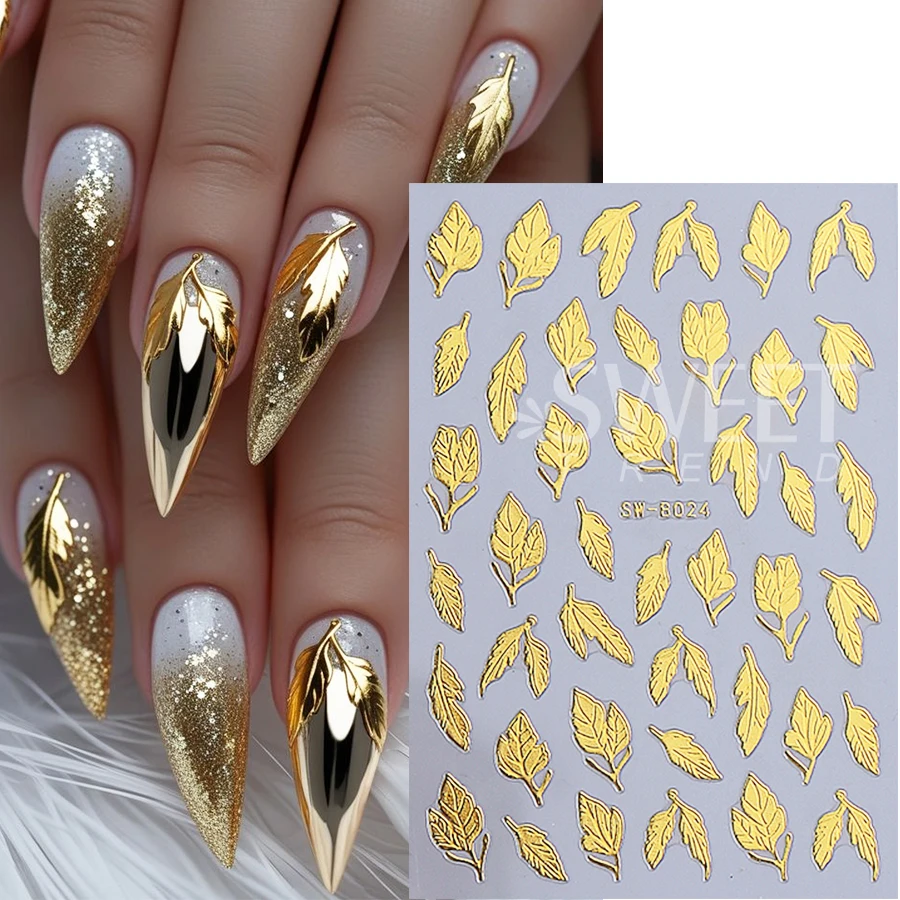 2pcs Metal Simple Leaf Nail Stickers 3D Metallic Gold Leaf Mirror Design Holographic Charm Nail Decals DIY Manicure Decoration