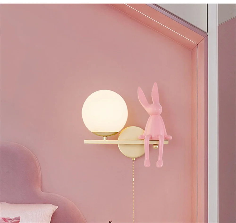 Description Picture 2 of itemCreative Pink Rabbit Kids Led Wall Lamp With Pull Switch E27 Game Room Bedside Sofa Sconces Study Reading Night Light Fixtures