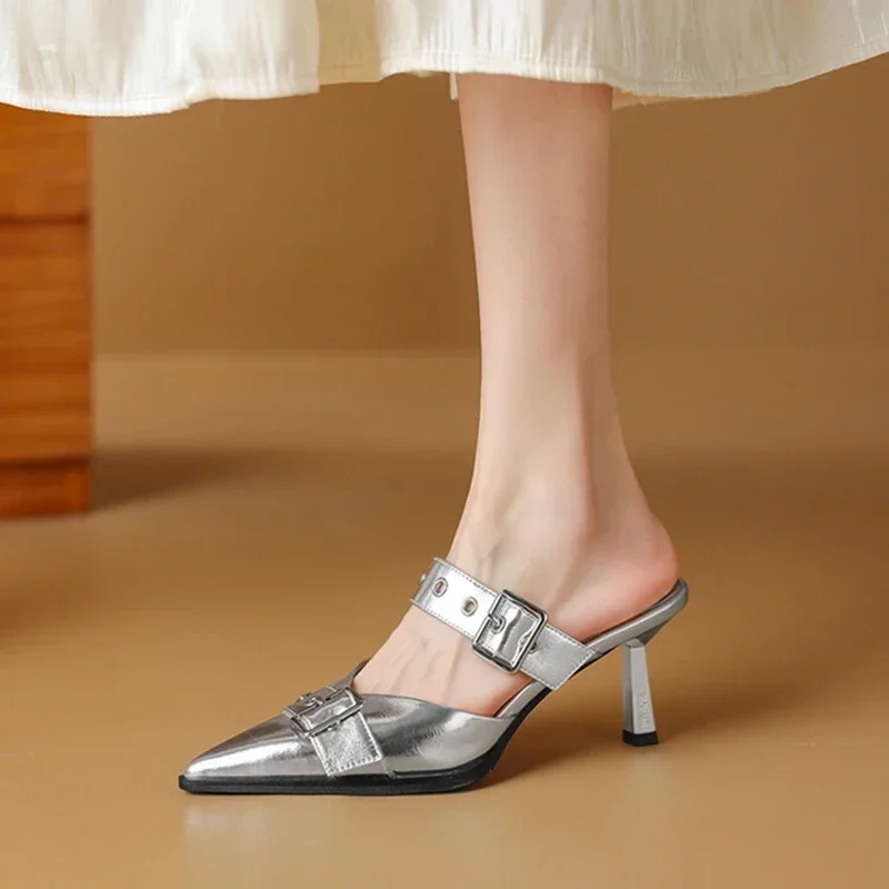 NEW Summer Women Sandals Patent Leather Shoes for Women Cover Toe Thin Heel Slippers Belt Buckle Mules Ponited Toe Women Shoes
