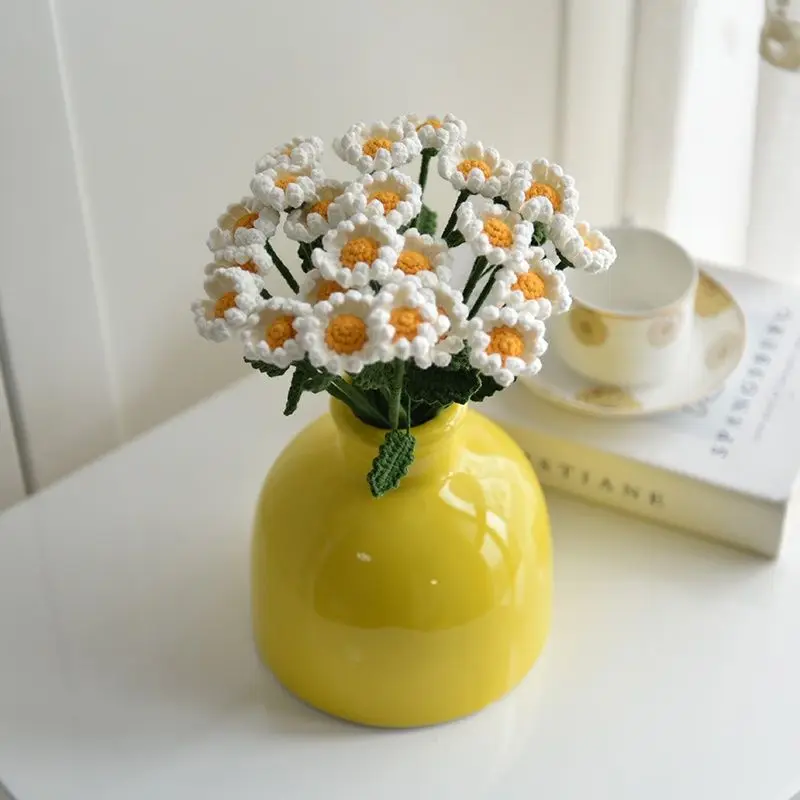Finished 10pcs Hand-knitted Handmade Yarn Crochet Sunflower Bouquet Decorative Wedding Artificial Daisy Flowers Home Decoration
