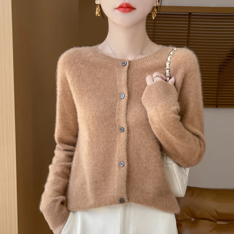 100% Wool Long Sleeve Sweaters Cashmere Cardigan Spring Autumn Women O-Neck Knitwear Tops Clothing Fashion Basic Tops 2