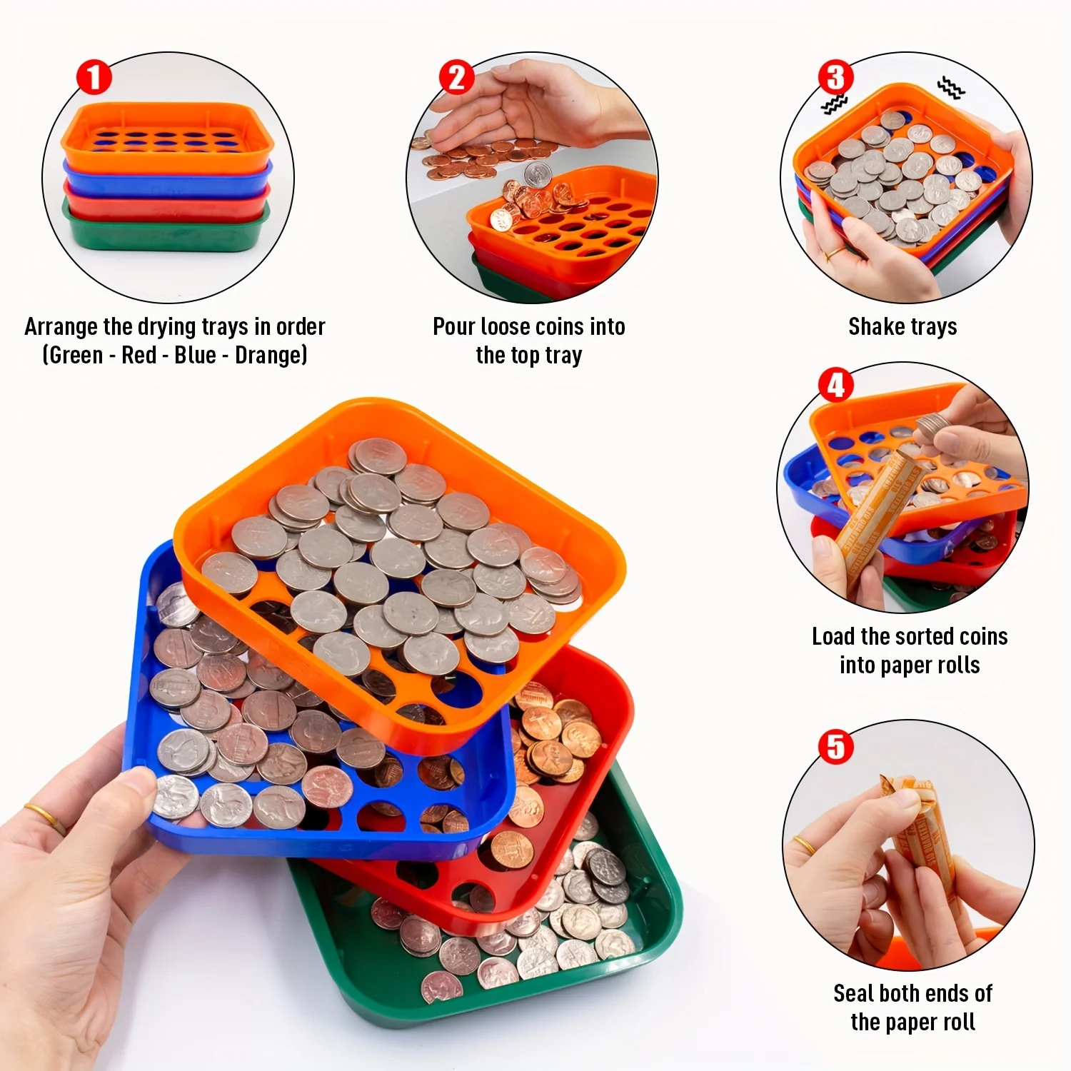 Coin Sorters Tray Coin Counters 4 Color-Coded Sorting Tray 100 Assorted Flat Roll Wrappers For US Coins