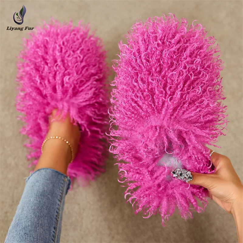 

Custom Fahion Fur Home Slippers Fluffy Slip On House Solid Color Faux Fur Plush Slippers Indoor Slides Slippers