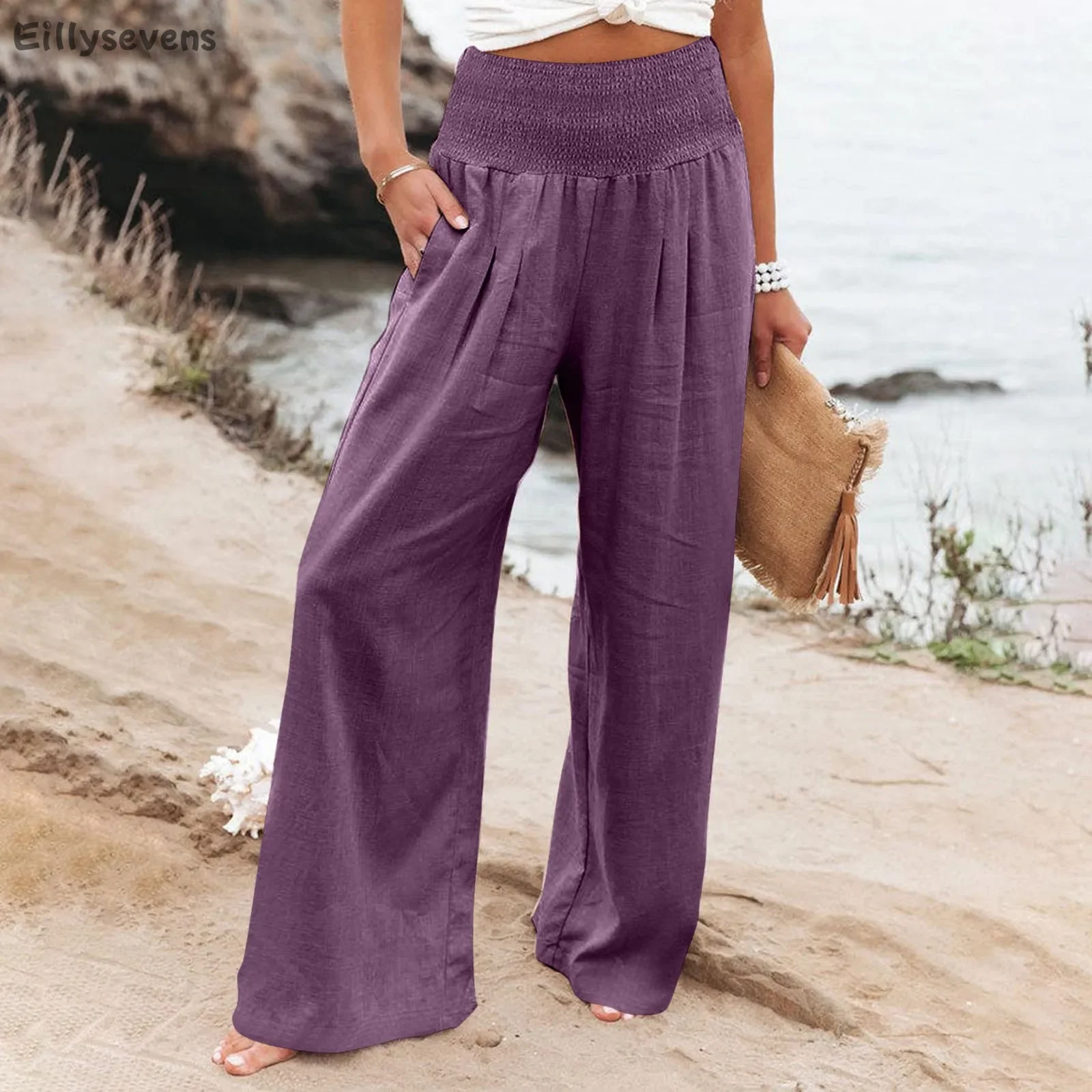 

women pants Linen Pants Elastic High Waisted Wide Leg Palazzo Pleated Casual Pant with Pockets cool trousers pantalones de mujer