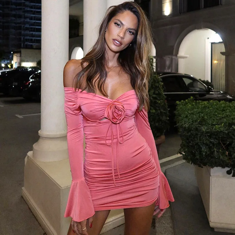 

Flower Aesthetic Bodycon Mini Dress Long Flare Sleeve Off Shoulder Ruched Sexy Dresses 2023 Autumn Winter Party Women Vestidos