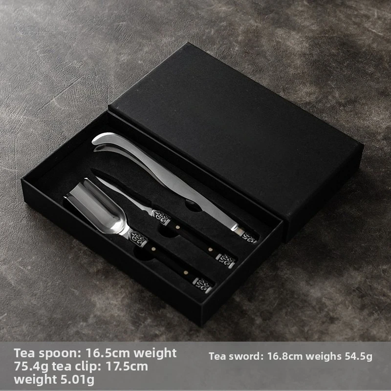 Damascus Steel Puerh Tea Knife Set of 3 - Stainless Steel and Brass Tea Set with Pick, Ladle and Spoon, Durable Tea Gift Set