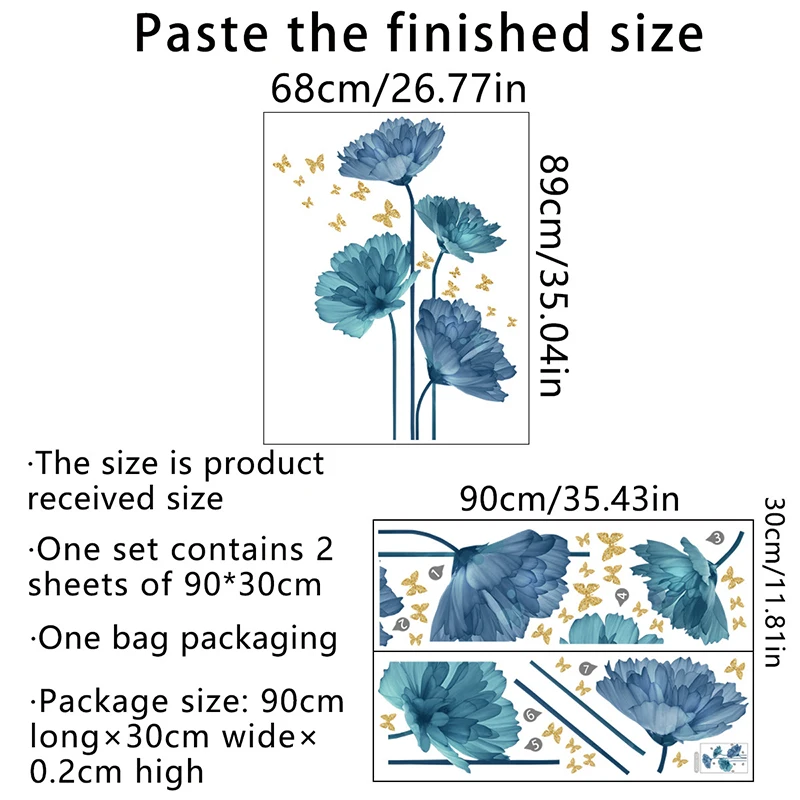 T802# Blue Plant Flower Butterfly Wall Sticker Background Wall Living Room Room Decoration Sticker Self-adhesive