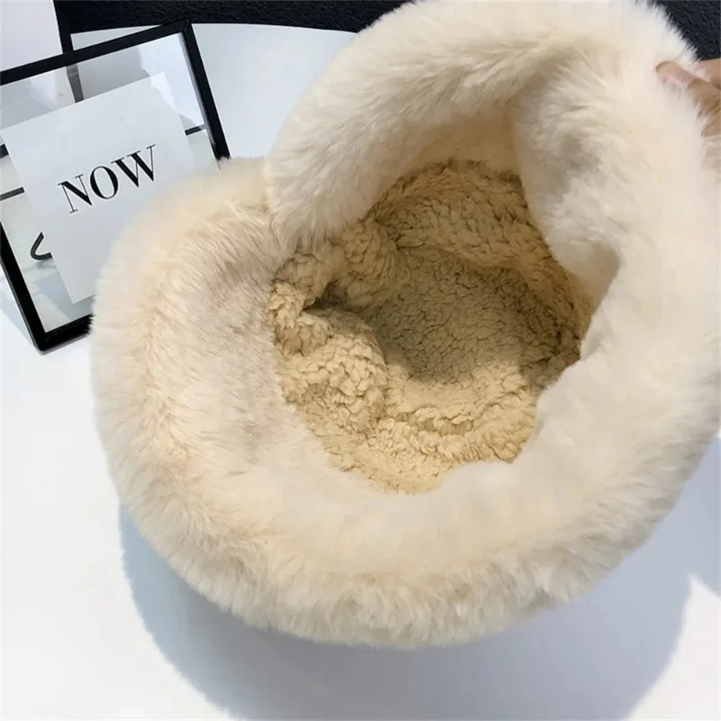 Women Winter Bucket Hat Faux Fur Warm Fisherman Cap Plus Velvet Soft Panama Hat Lady Outdoor Plush Sun Cap
