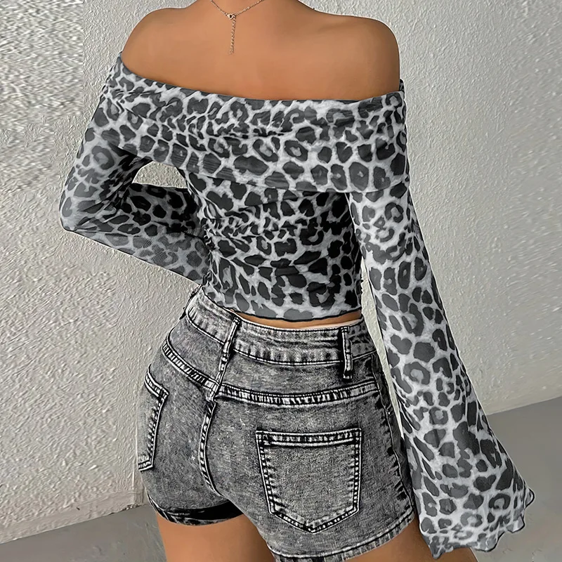 Leopard Printed Mesh T-shirt Top For Women Off-Shoulder Long Sleeve Cropped Y2k Top Pullover Contrast Female Slim Tee