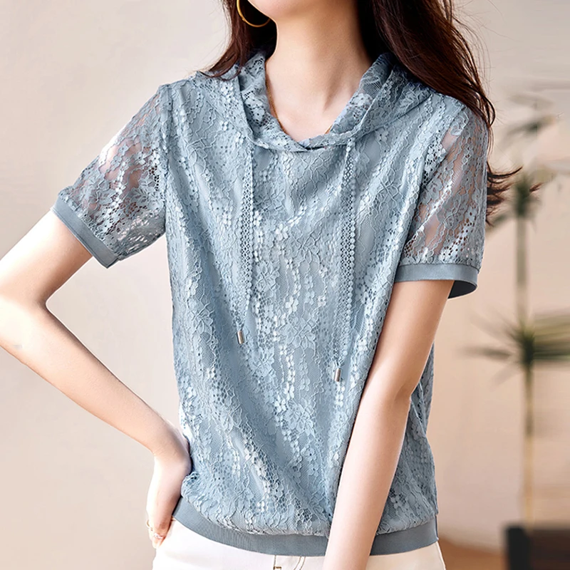

Summer Lace Hooded Blouse 2023 Blue Vintage Shirt Lady Fashion Elegant Women Short Sleeve Top Crochet Casual Loose Blusas 26911