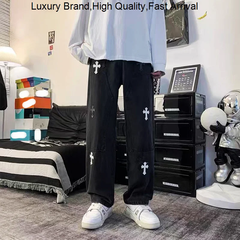 

Hop Hip Men's Summer Cross High Street Waist Y2K Baggy Streetwear Wide Leg Jeans For Men Sweatpants Straight Trousers Man