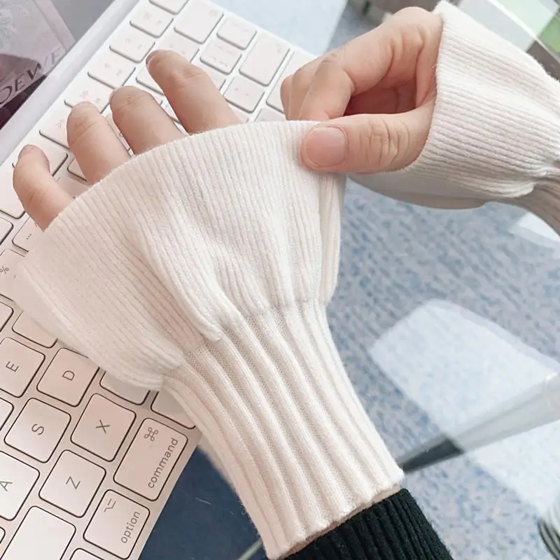 2024 Korean New Half-finger Gloves Female Autumn and Winter Wool Warmth Fingerless Students Touch Screen Thick Knitted Wristband