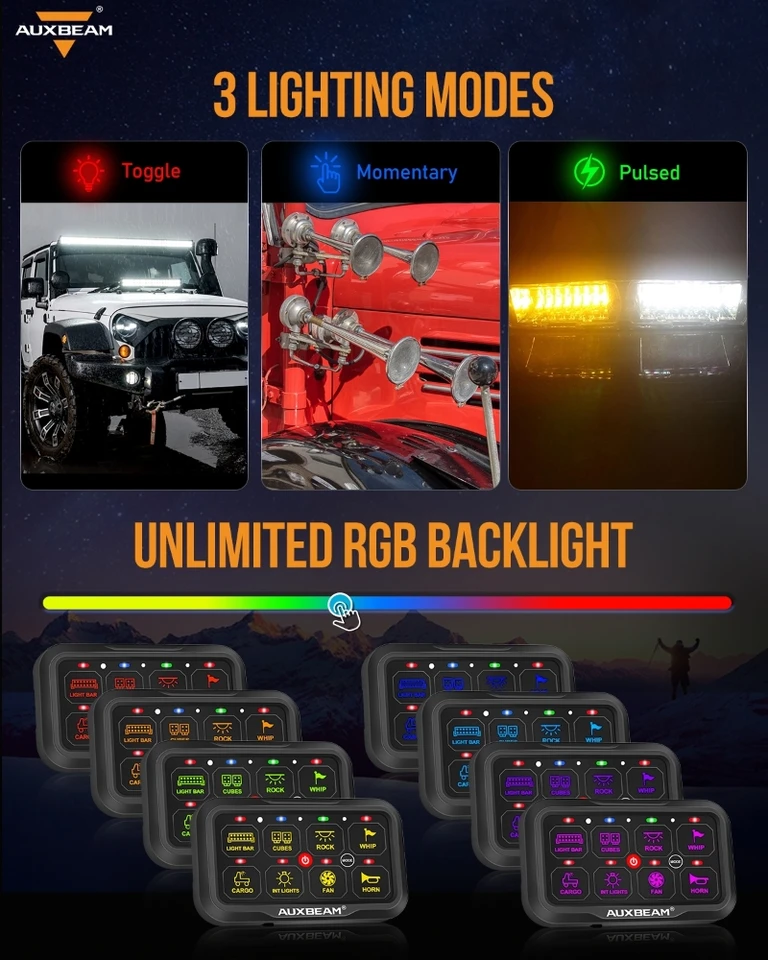 AUXBEAM 8 ギャング RGB LED オンオフスイッチパネル Bluetooth APP