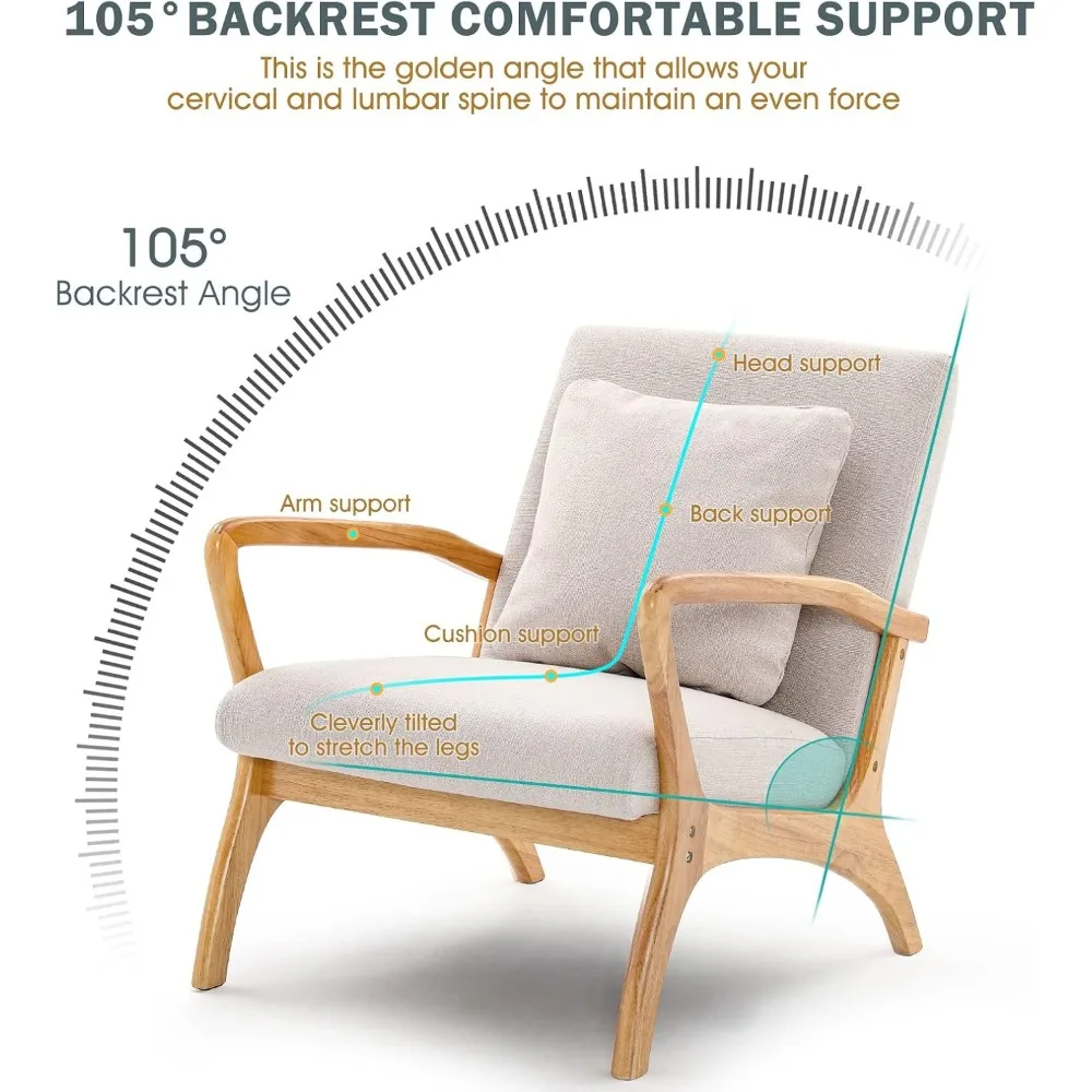 Mid-Century Modern Accent Chair with Cushion, 28.3'' Long Armrest Chairs Upholstered Premium Linen Fabric Wood Frame Armchair 6