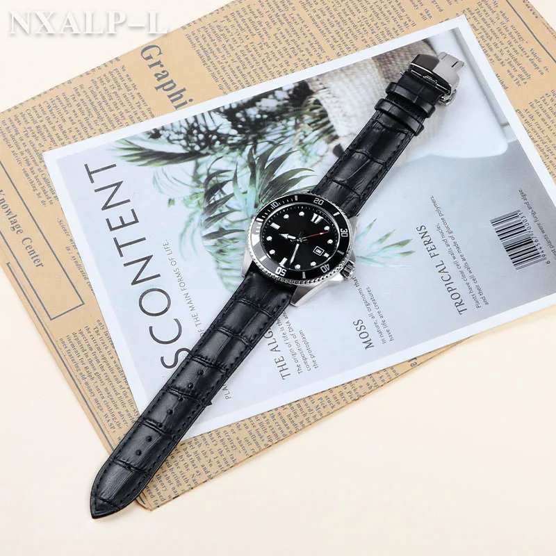 Luxurious Genuine Leather Watch Strap with Elegant Butterfly Clasp and Wooden Gift Box