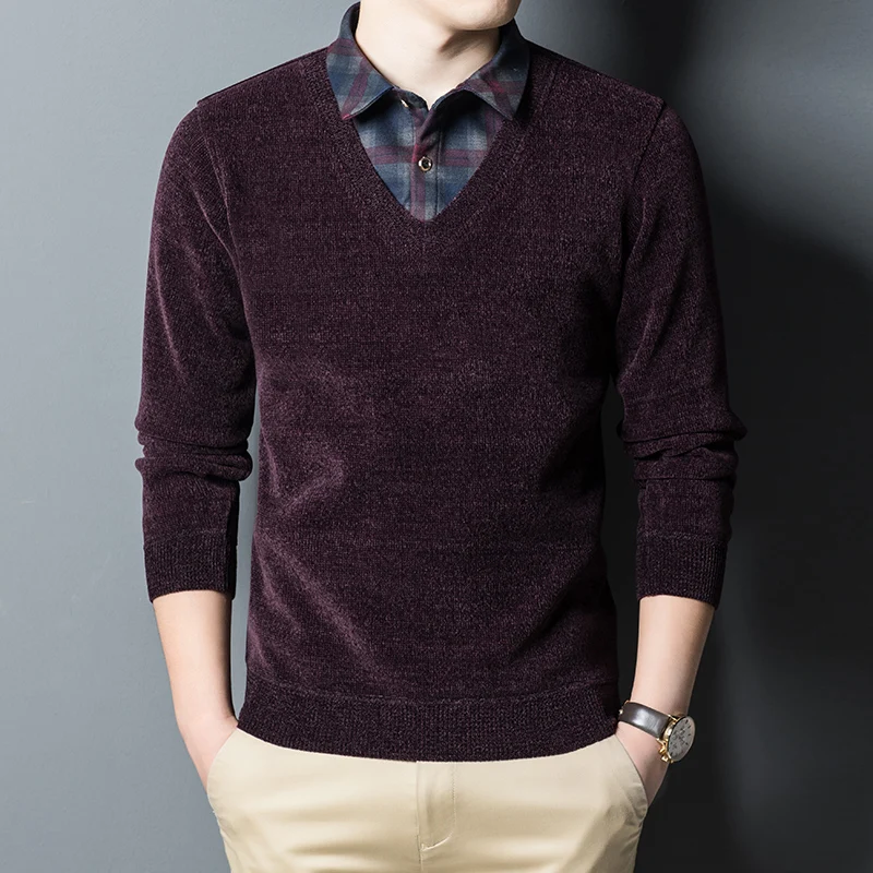 

Winter Fashion Men's Sweater Fake Two Piece Shirt Bussiness Male Long Sleeve Spring Sweaters Slim Poloshirt Tops for Work Office