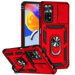 Enhanced Armor Ring Bracket Push Phone Case Cover - MI 12- 12X (Red)