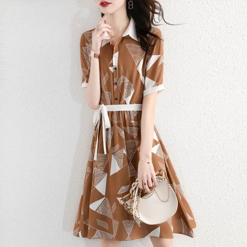 

Women's Summer Clothing Dress 2023 New Fashion Classic Elegant Retro Style Geometric Pattern Contrast Blouse Collar Vestidos