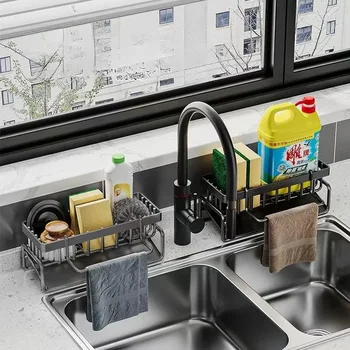 เหล็กคาร์บอนชั้นวางของในครัว Rag Storage ระบายน้ําชั้นวางของ Home Spice Sink ระบายน้ําจานราวตากผ้าอุปกรณ์ครัว 2