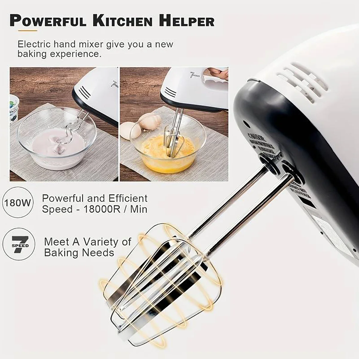 Electric Handheld Electric Egg Beater, Household Automatic Mixer, Egg White and Cream Beater, Mini 7-speed White 3