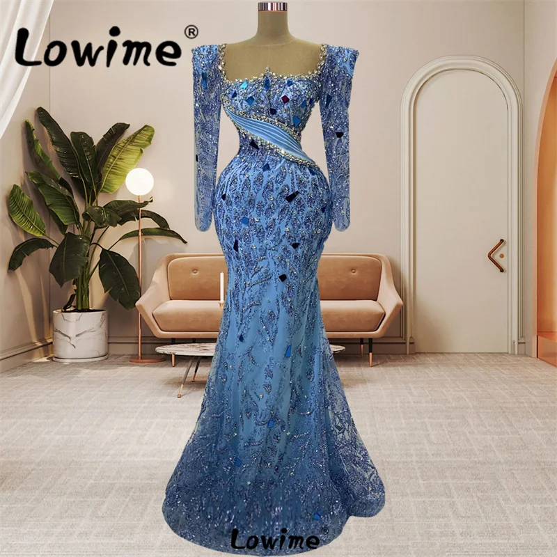 

Blue Arabic Long Sleeves Plus Size Luxury Evening Dresses For Women 2023 Crystal Beaded Mermaid Party Prom Dress Engagement Gown