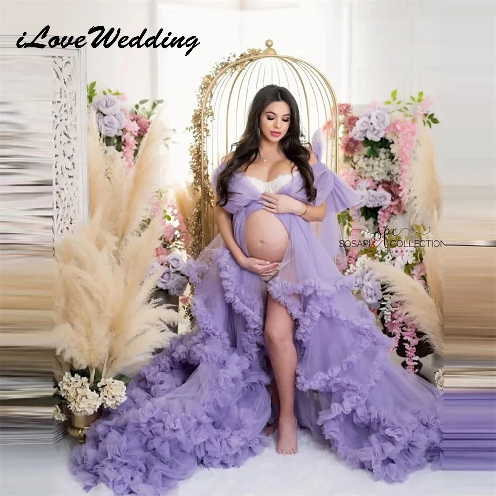 ILoveWedding Lavender Maternity Gown For Photography V-Neck Ruffled Front Split Evening Dress Sleepwear Night Robes Tulle Custom