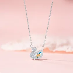 Elegant Sterling Silver Swan Pendant Necklace with Zircon and Colored Crystal Inlay (Swan)