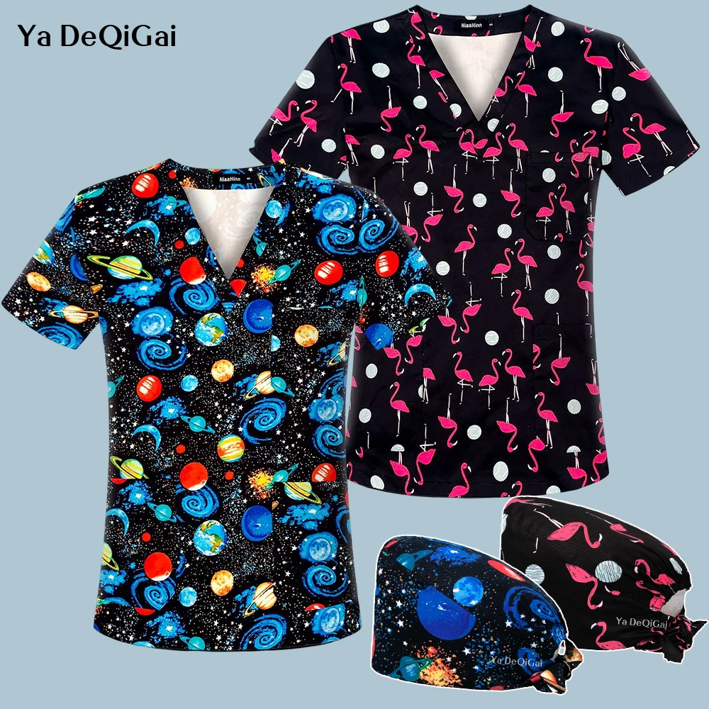 

Women Scrub Top With 3 Pockets V-Neck Print T-Shirt Scrub Uniforms Nurse Scrub Caps For Men Short Sleeve Blouse Ladies Overalls