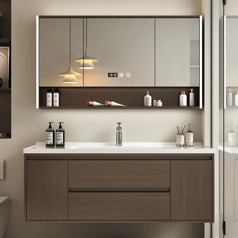 New Chinese Style Bathroom Cabinet Combination Ceramic Integrated Basin Walnut Color Bathroom Sink Washbasin Furniture