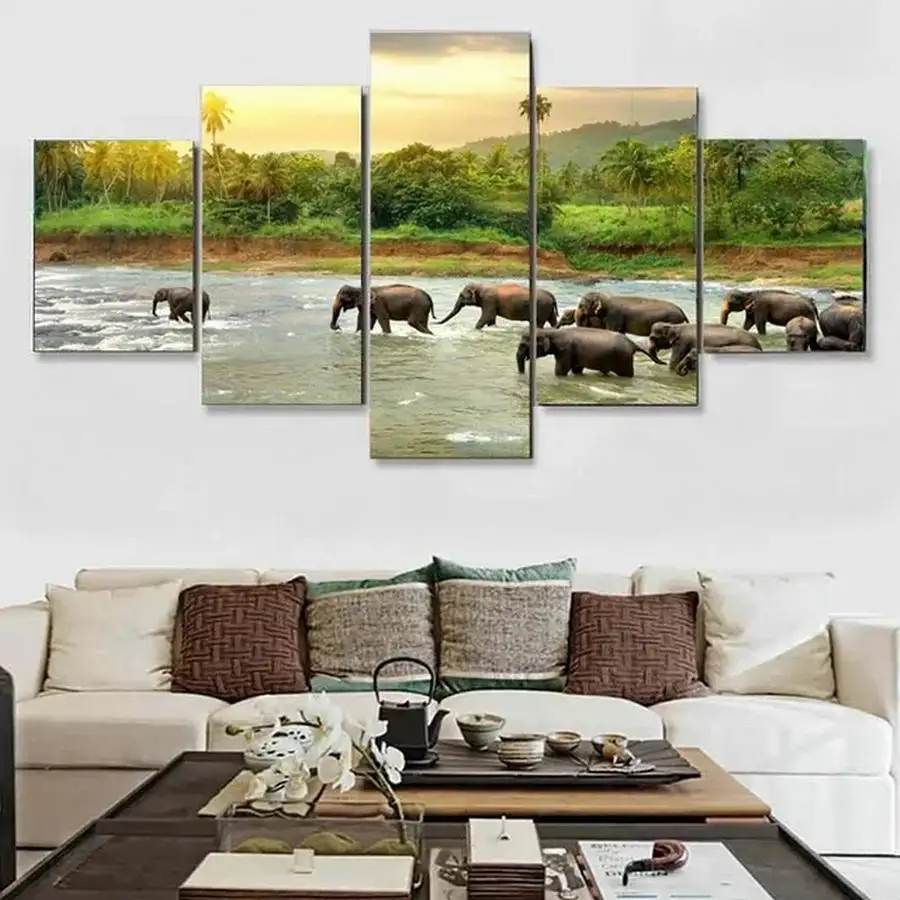 

Diy 5 Piece Set Diamond Painting Sunset Elephant Full Square Round Drill Mosaic Embroidery Wild Animals Wall Decor AA5269