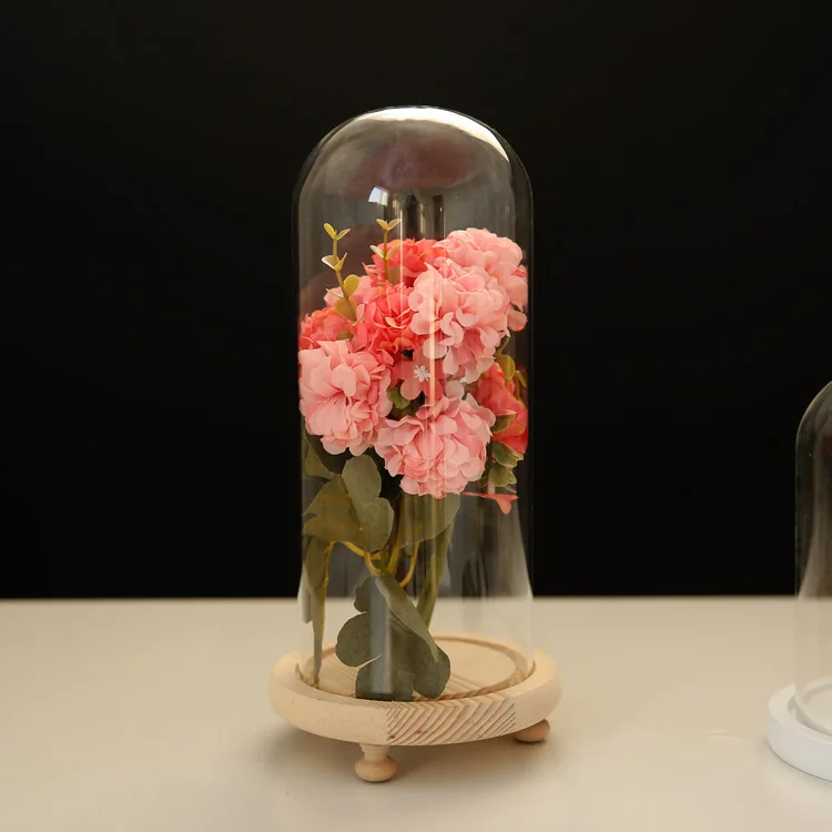 Tabletop Display Glass Cover Terrarium Container Decor Dry Flower Ornaments Craft Bell Jar Wood Base with Feet LED Light Holder