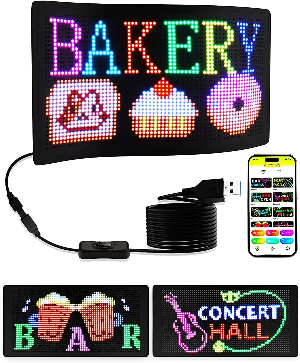 USB Flexible LED Pixel Panel Sign Bluetooth APP 5V Addressable RGB ...
