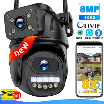 4K 8MP WiFi Camera Outdoor 360° View Dual Screen CCTV 4X Zoom Security Protection Surveillance Cam ICsee Alexa Video Cam Onvif 1