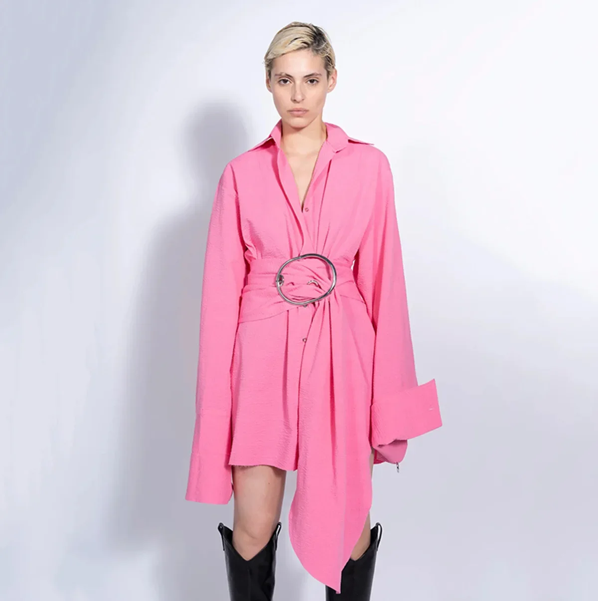 

Pink Women Shirt Fashion Female Business Work Wear With Belt Long Sleeve 1 Piece Long Blazer Jacket Prom Dress