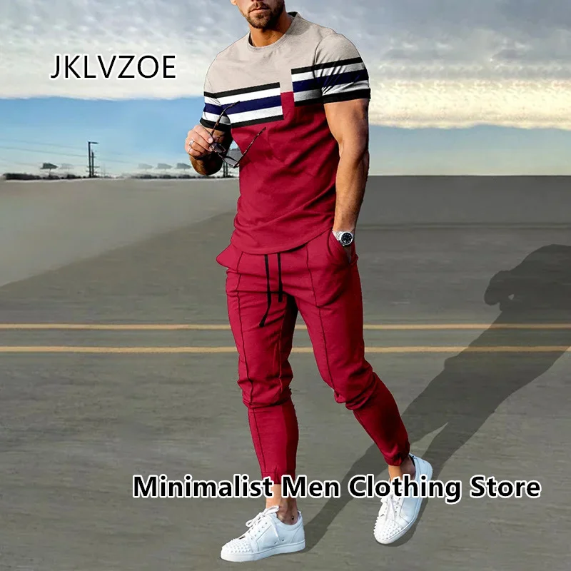 2023 Men's Trousers Tracksuit 2 Piece Set Fashion Sportswear Summer Stripe Print Short Sleeve T Shirt+Long Pants Male Clothing