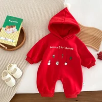 Infant Baby Boys Girls Christmas Romper Long Sleeve Thicken Hooded Letters Print Jumpsuit Fall Winter Newborn Clothes Christmas
