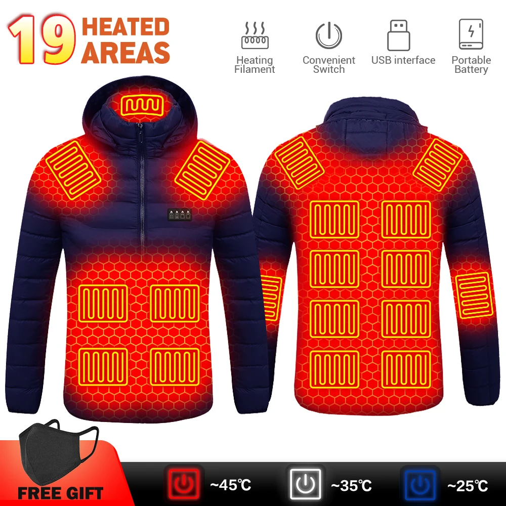 

19 Zone Heating Jackets Men Winter Warm USB Heated Vest Smart Thermostat Hooded Heated Clothing Coats Warm Jackets for Hiking