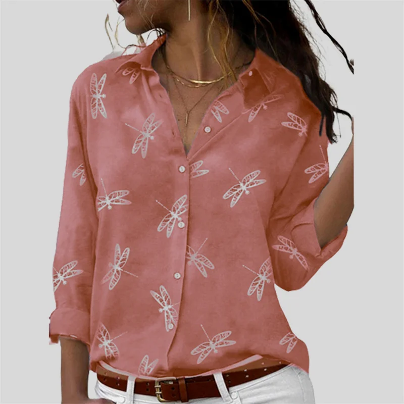 Large Size Dragonfly Print Single-breasted Cardigan Shirt Women's Comfortable Commuter Casual Tops Female Slim Fit Lapel Blouse