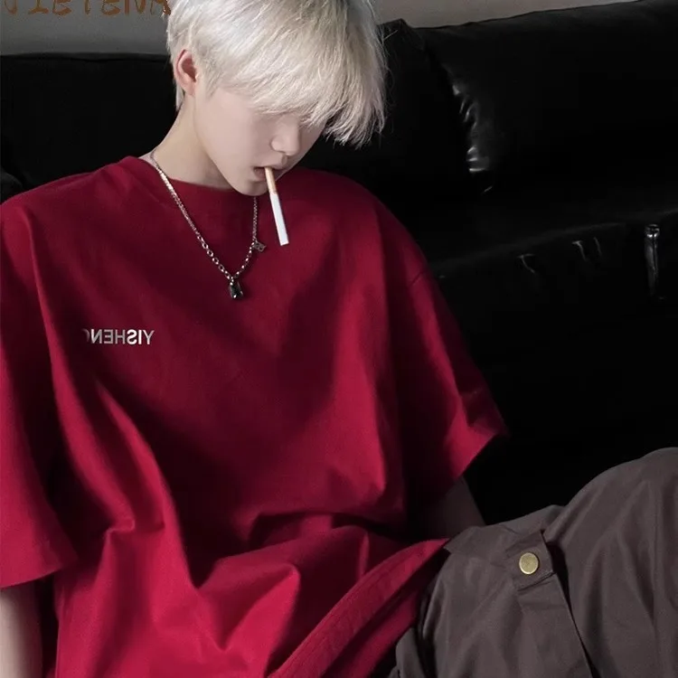 

Fashion Korean style casual versatile pure cotton printed burgundy t shirt men summer trendy brand half sleeved mens t shirts